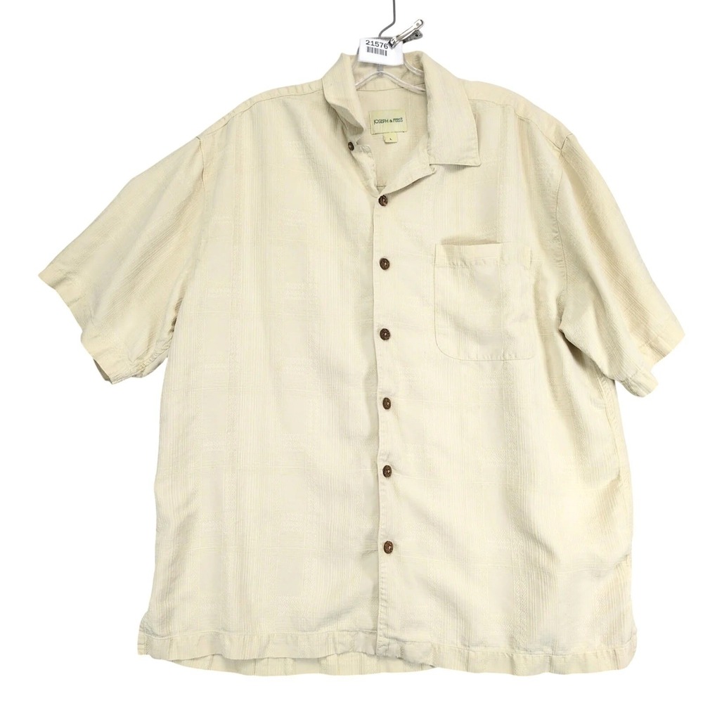 Vintage‎ Y2K Joseph & Feiss Cream Silk Camp Shirt Mens L Textured Pocket Resort